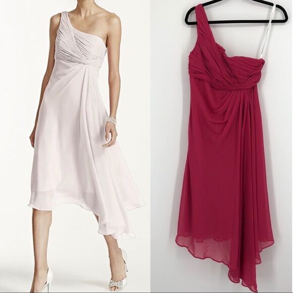 David’s‎ Bridal One Shoulder Dress Womens 8 Pink Chiffon Flowy Summer Bridesmaid - Picture 1 of 11